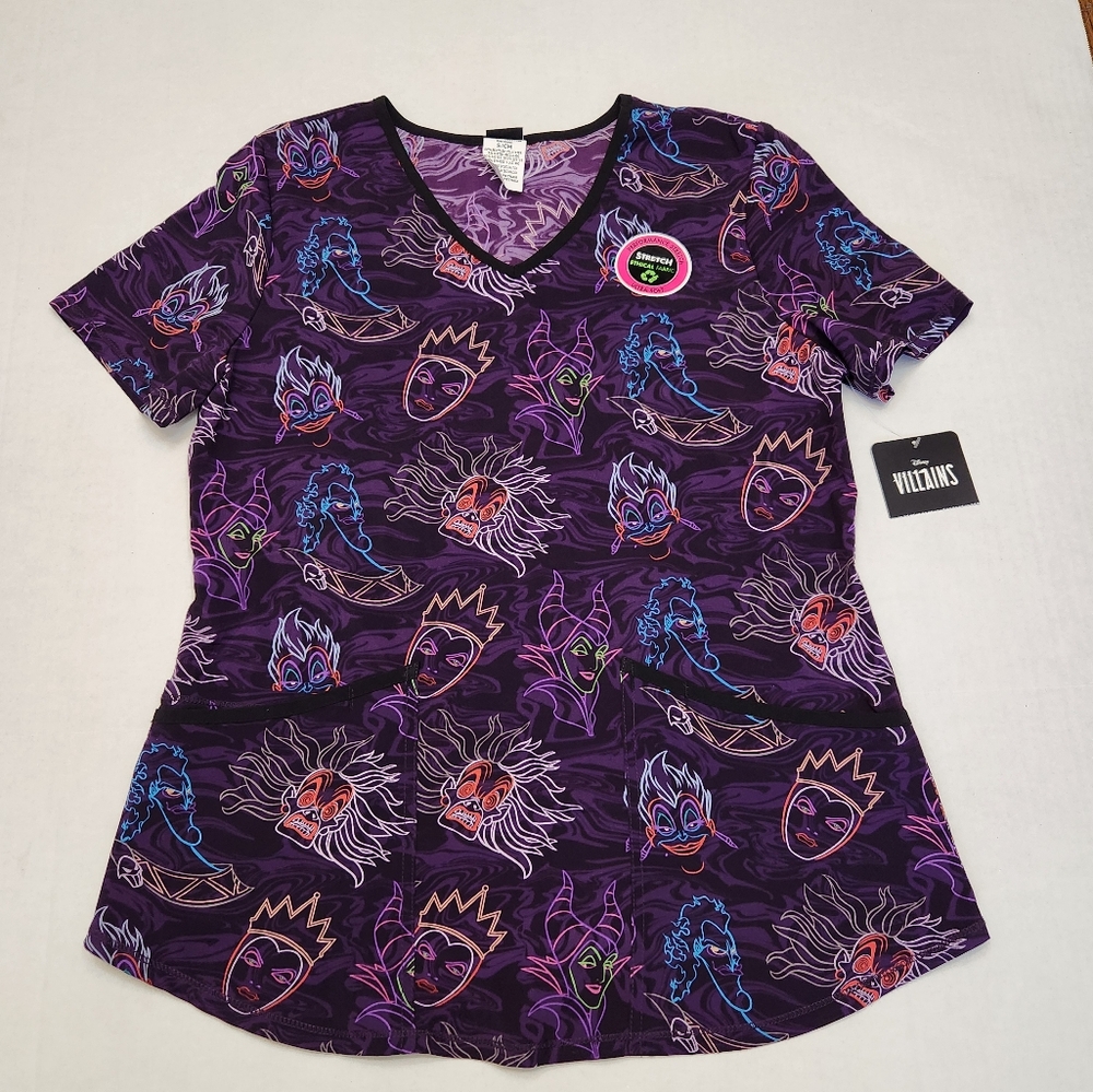 Disney Villains Womens Medical Scrub Top Size Small Purple Halloween